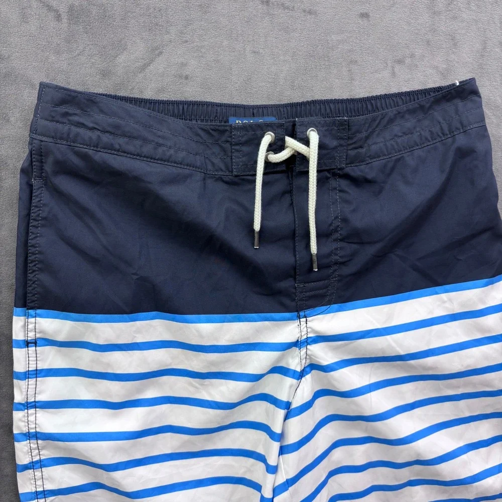 Polo Ralph Lauren Boys Swim Trunks XL 18-20 Navy Blue White Striped Shorts